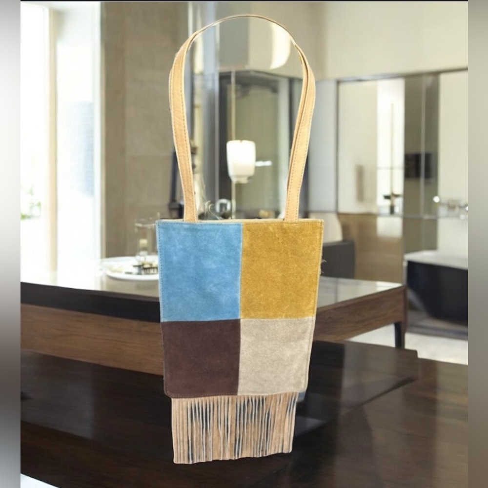 Suede leather fringe bag patchwork Multicolored boho hippie bag. 70’s MOD